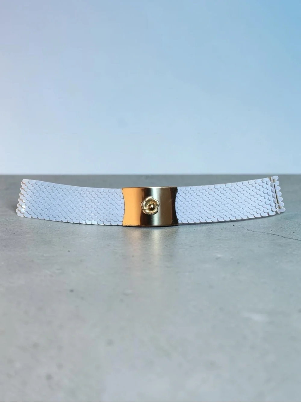80’s Elastic Belt Signed Harwill NYC white fish scale belt
